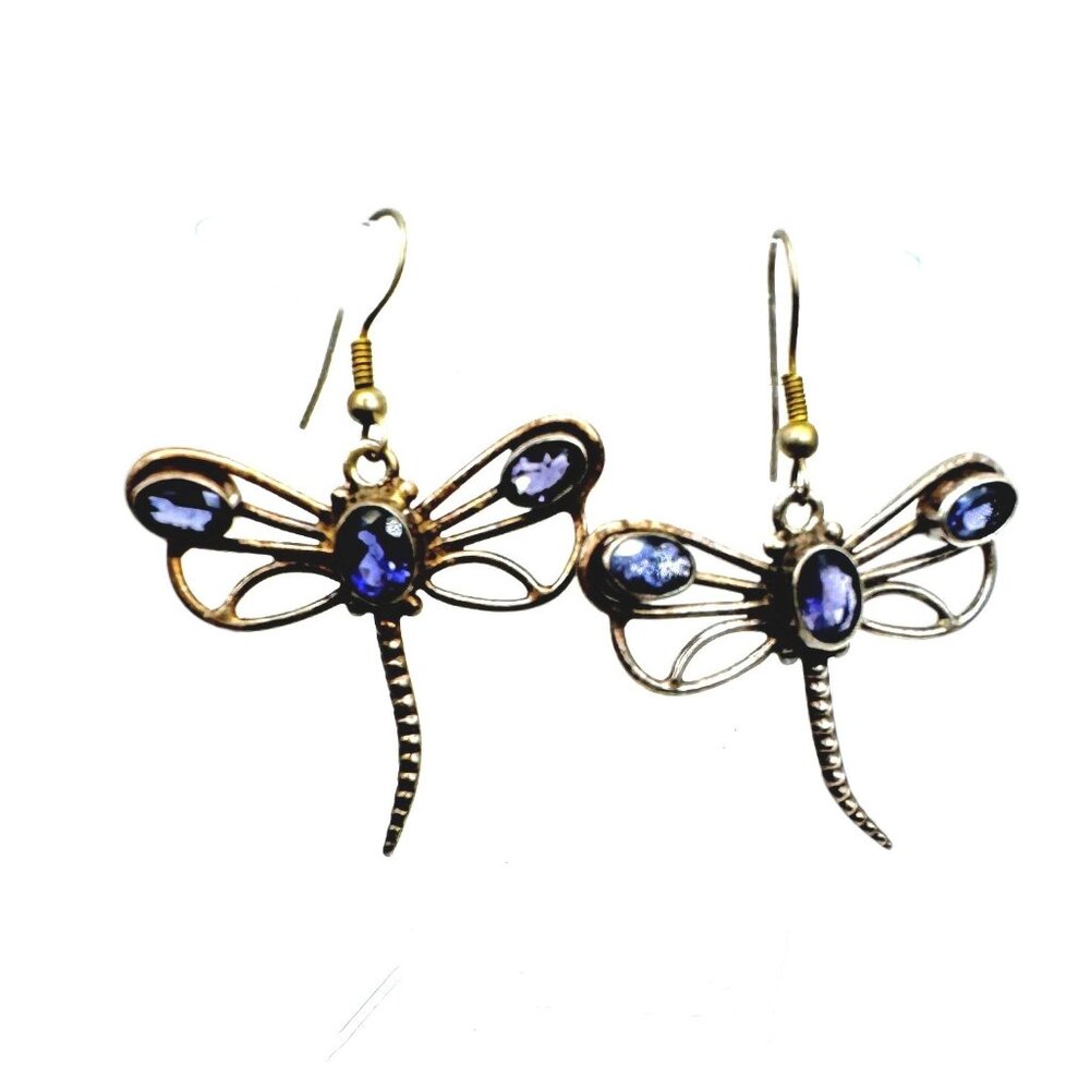 Vintage Dragonfly Earrings Dangle Drop With Amethyst Stones 925 Sterling Silver
